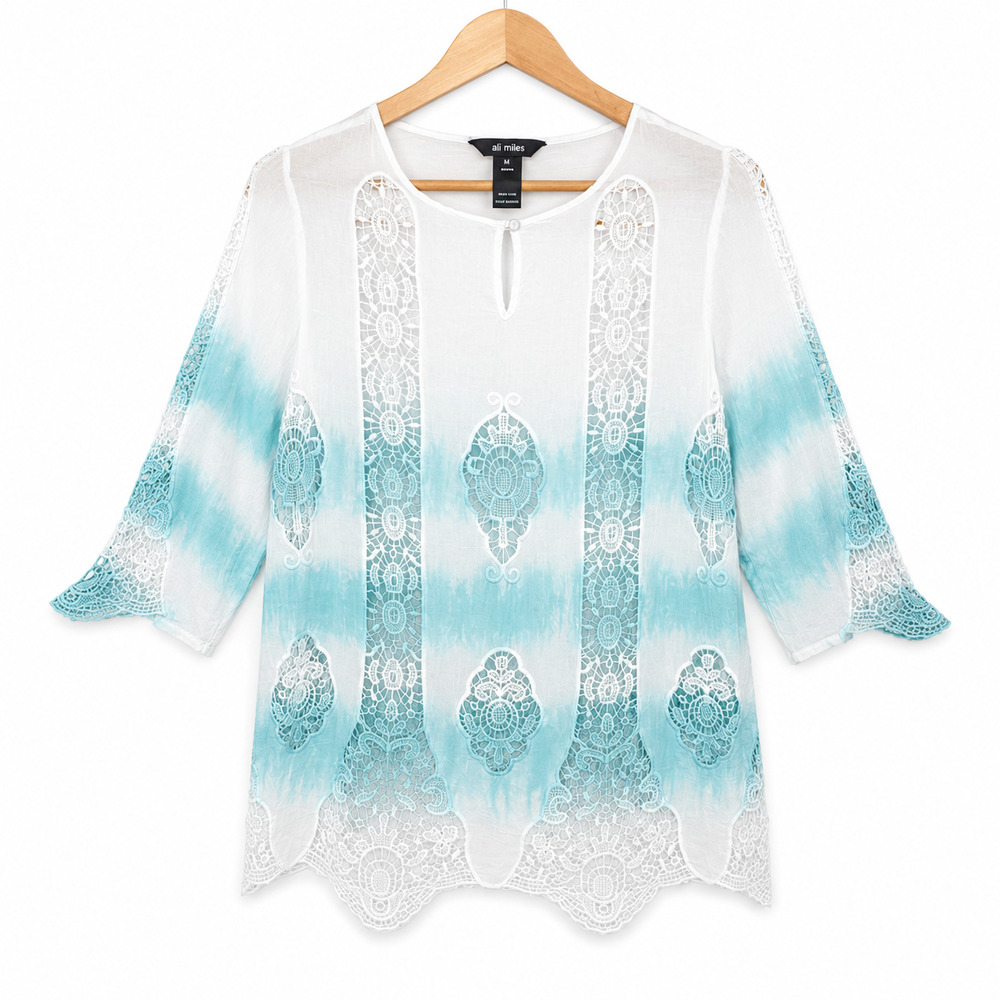 Ali Miles Tunic Top Womens Size Medium White Green Tie Dye Pattern Lace Boho NWT